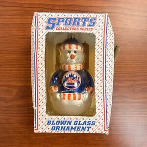 Vtg 2008 Sports Collectors Series NY MLB Mets Snowman Blown Glass Ornament NIB